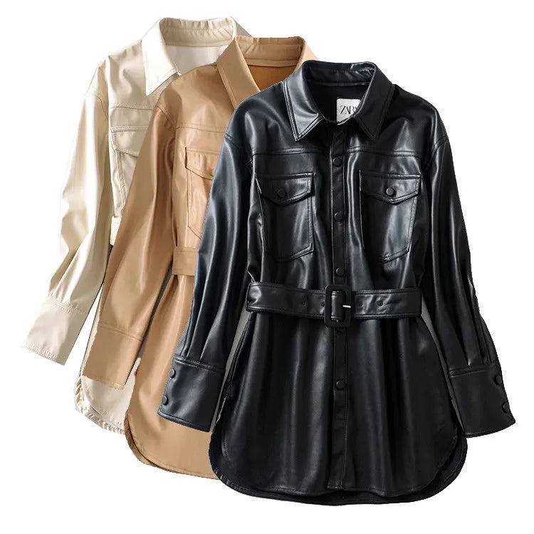 Women's High-Waist Lace-Up Faux Leather Coat