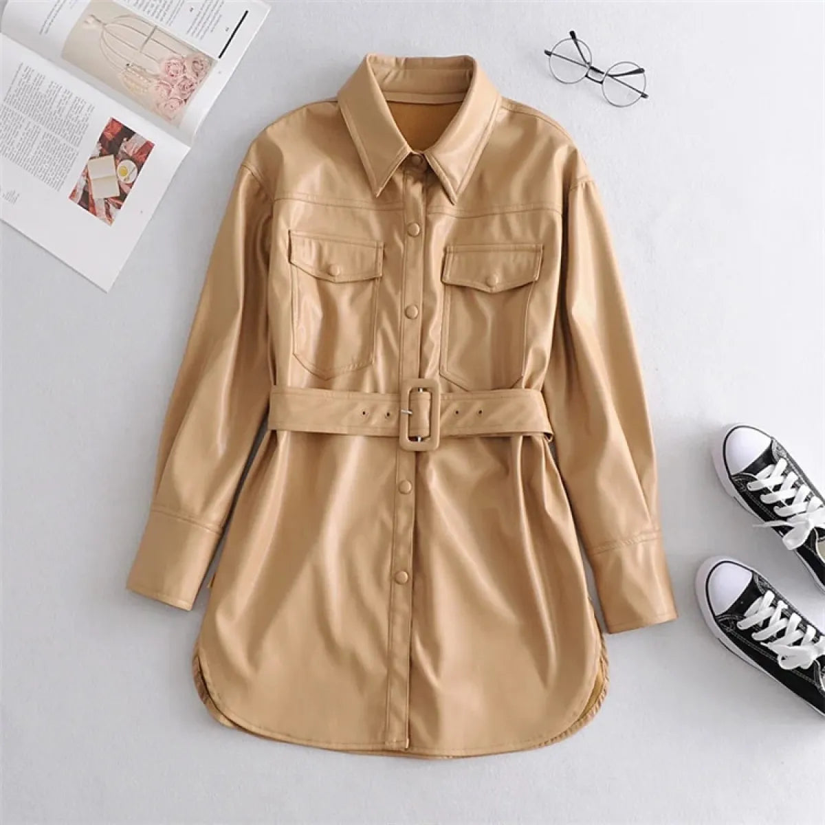 Women's High-Waist Lace-Up Faux Leather Coat