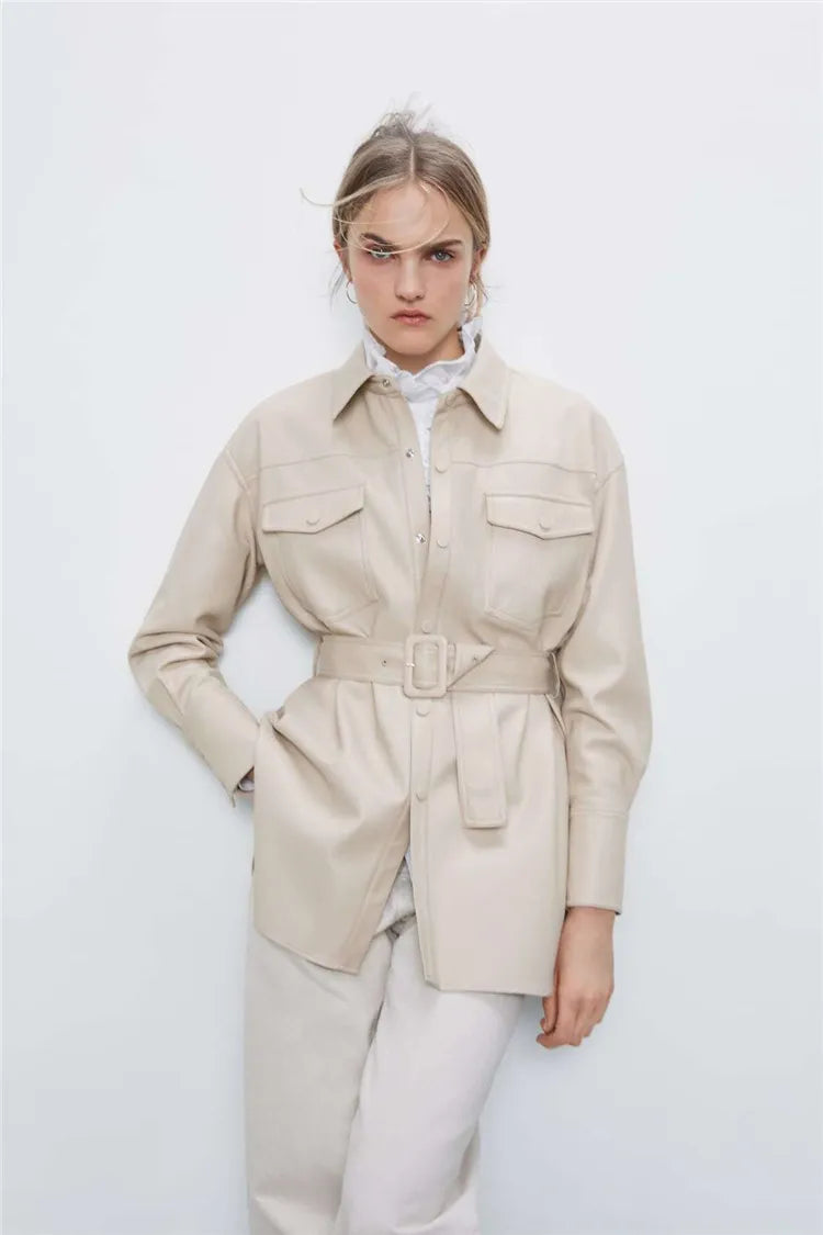 Women's High-Waist Lace-Up Faux Leather Coat