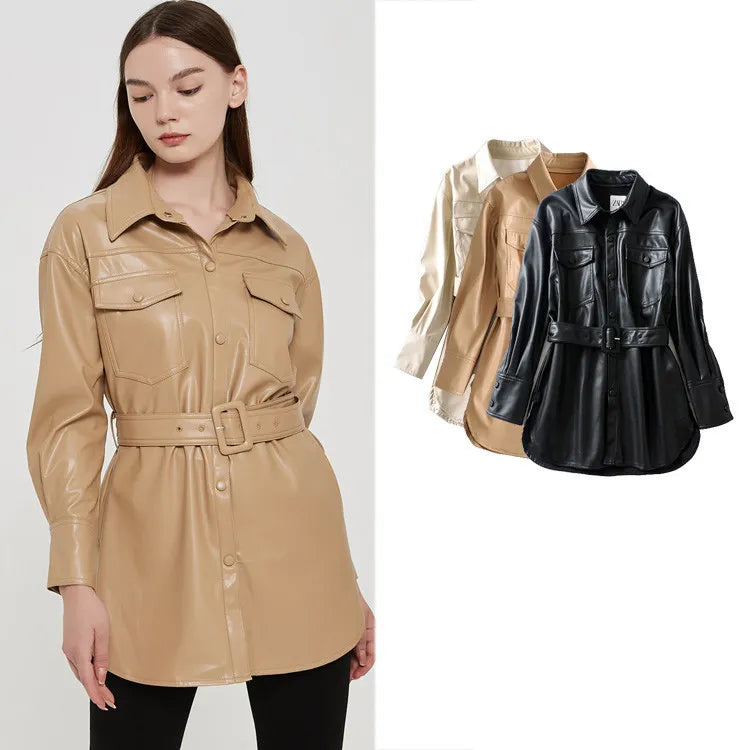 Women's High-Waist Lace-Up Faux Leather Coat