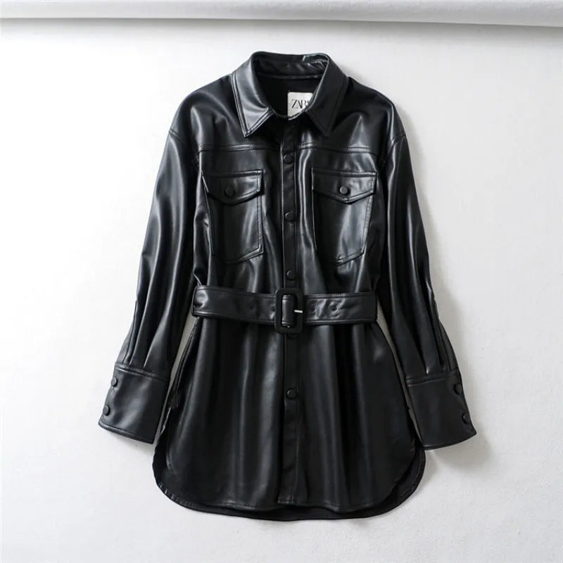 Women's High-Waist Lace-Up Faux Leather Coat