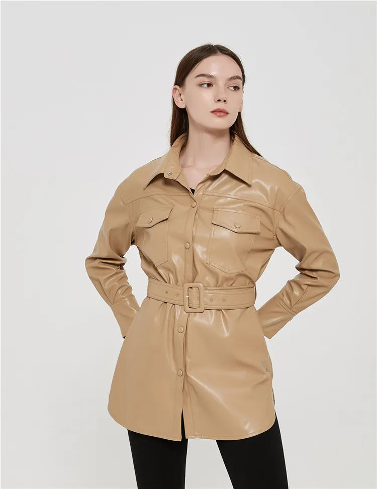 Women's High-Waist Lace-Up Faux Leather Coat